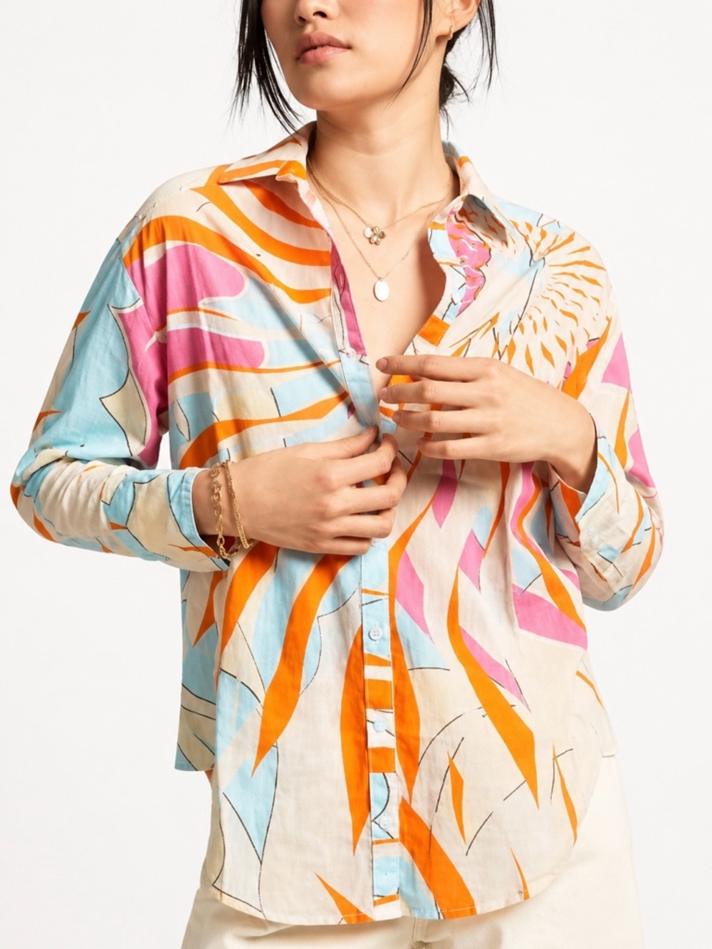 Anthropologie Maeve Floral Burst Pink Orange Multi Button Down Shirt Tunic
